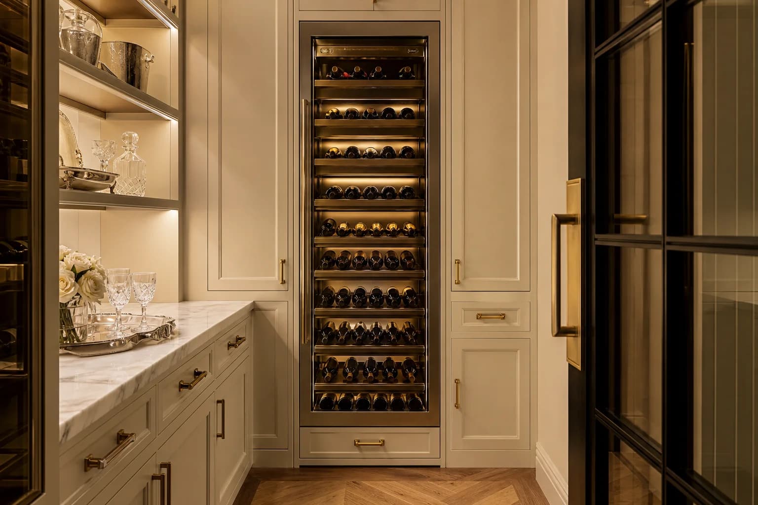 Glass-door wine refrigeration built into a luxury butler's pantry
