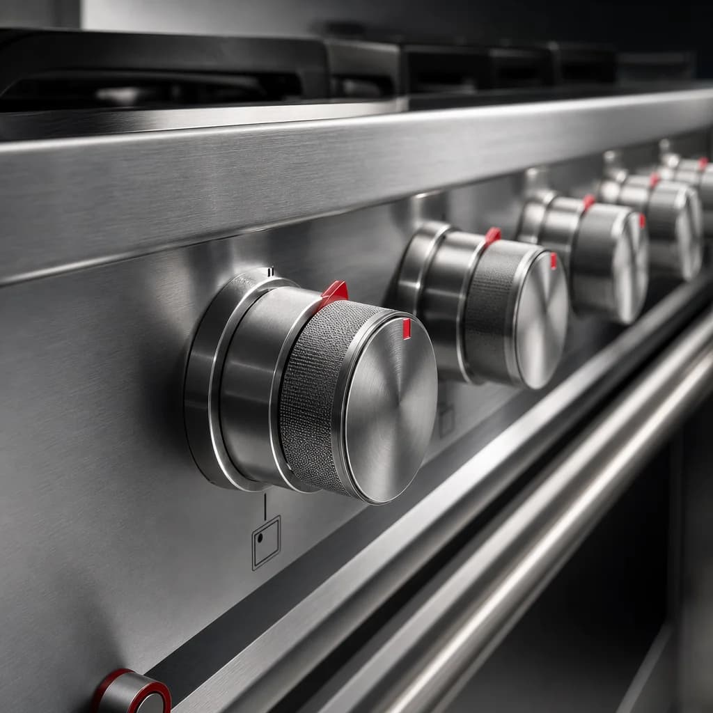 Precision-machined stainless control knobs on a professional range