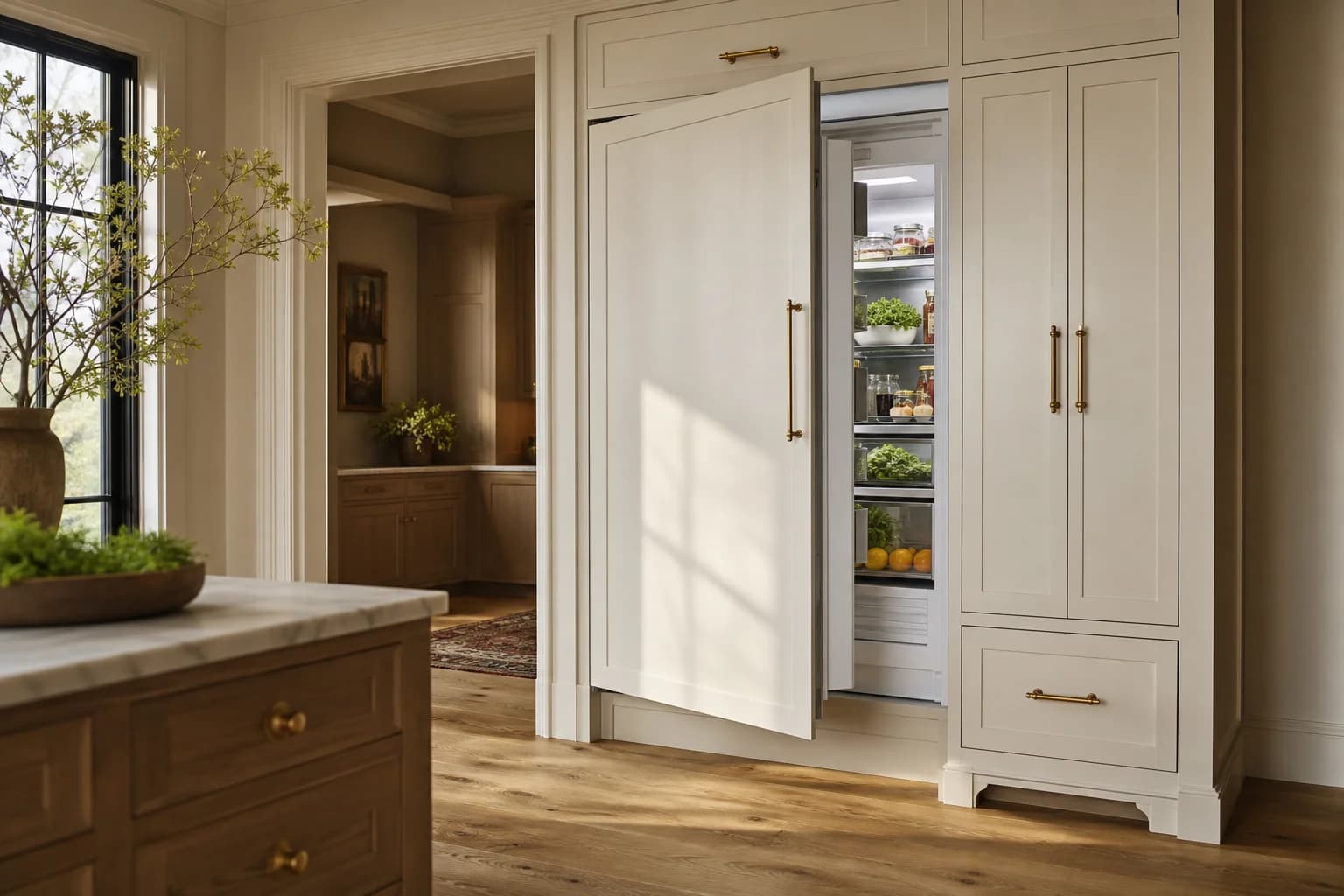 Panel-ready built-in refrigerator set into cream cabinetry