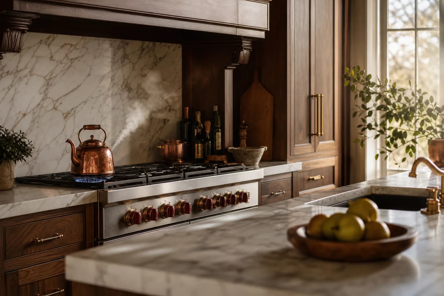 Professional range in a walnut and marble kitchen at dawn