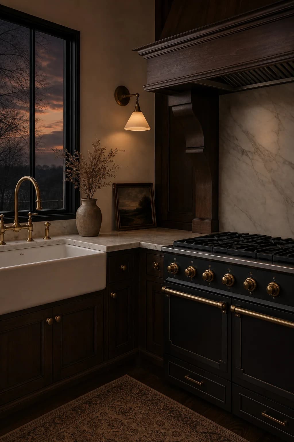 Luxury kitchen at dusk — walnut cabinetry, matte black range with brass details, warm sconce light