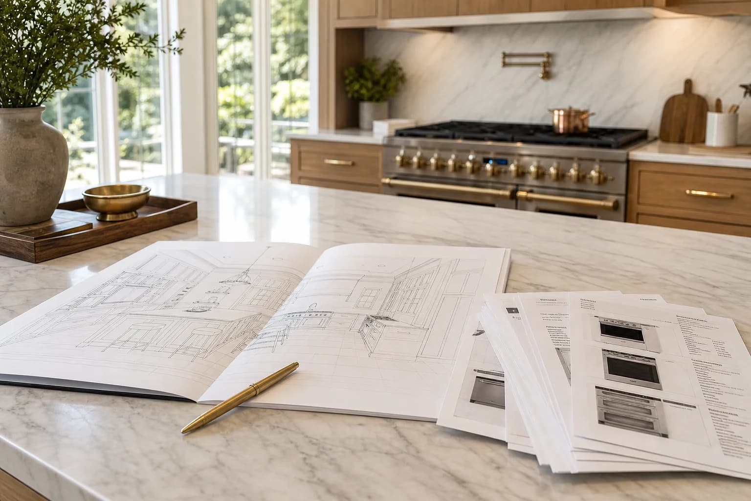 Kitchen floor plan and appliance specification sheets laid out on a marble island